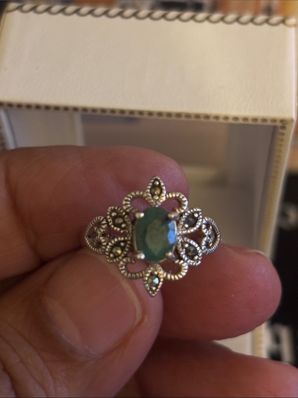 Vintage-Inspired Green Crystal Filigree Sterling Ring Size 5.5